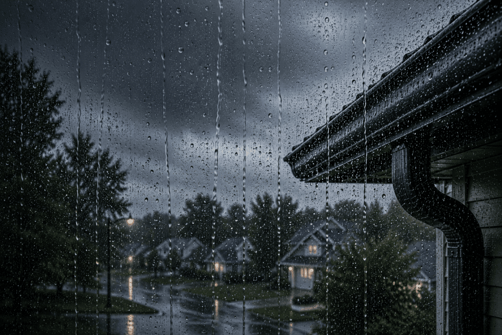 Rainwater flowing through a clean gutter during an El Niño storm